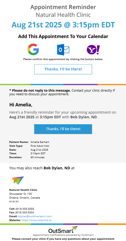 What does an appointment reminder email look like when sent to my patient - shows an appointment reminder email sent to a patient, including the confirmation button within the email.